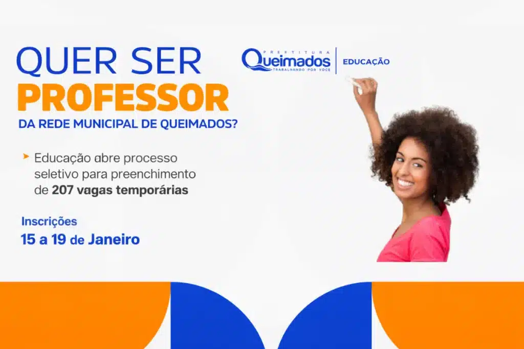 Prefeitura de Queimados abre 207 vagas para professores com salários até R$ 3.143,17